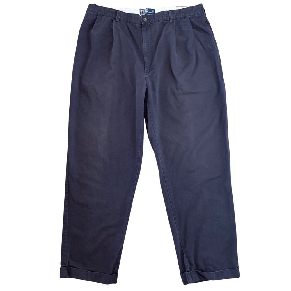 Polo Ralph Lauren Hammond Pant Mens 42/31 Navy Blue Pleated Cuffed Cotton Chinos